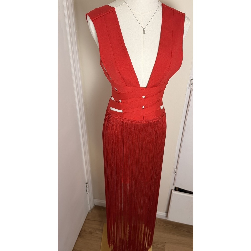 FASHION NOVA Red Fiona Fringe Trim Bandage Mini Dress Sz S - Picture 3 of 10